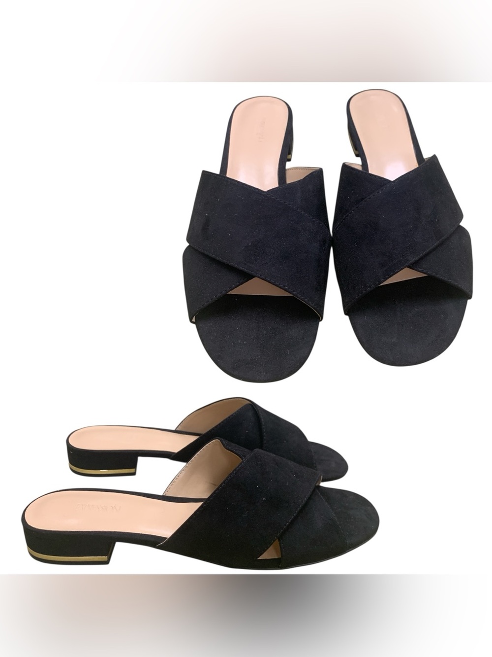Expressions Black Suede Crisscross Slide Mules with Gold Heel Trim S10
